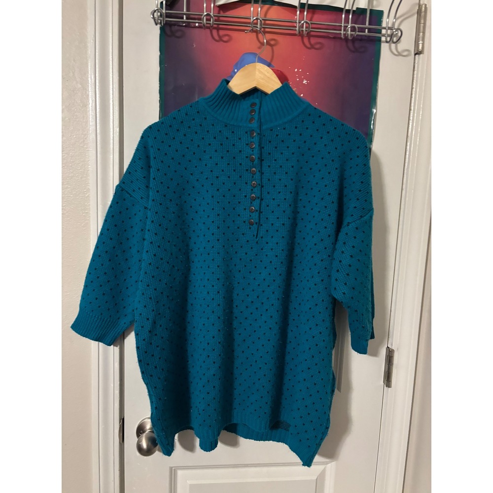 Venezia Sportswear Teal Blue Black Polka Dot Mock Neck ButtonUp Sweater One Size